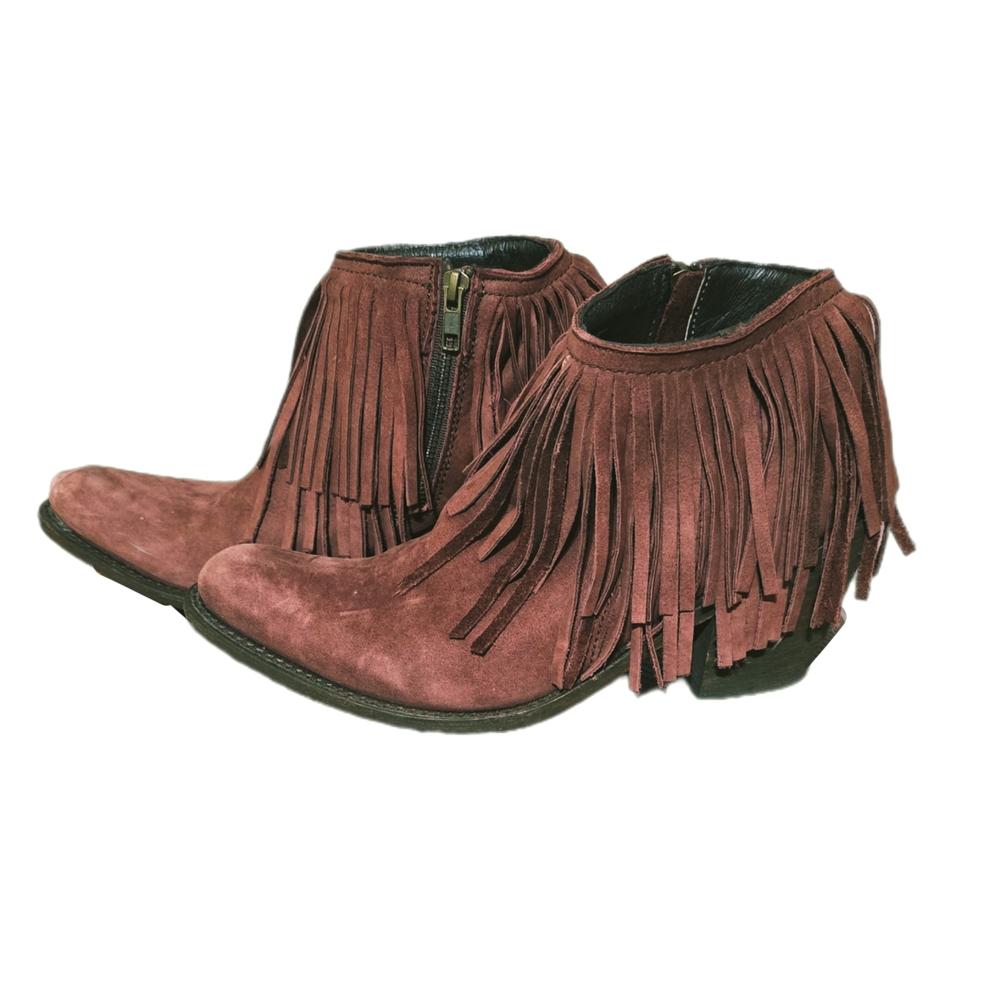 Independent Boot Co. Margo Fringe Suede Ankle Bootie - Brown Sz. 9.5